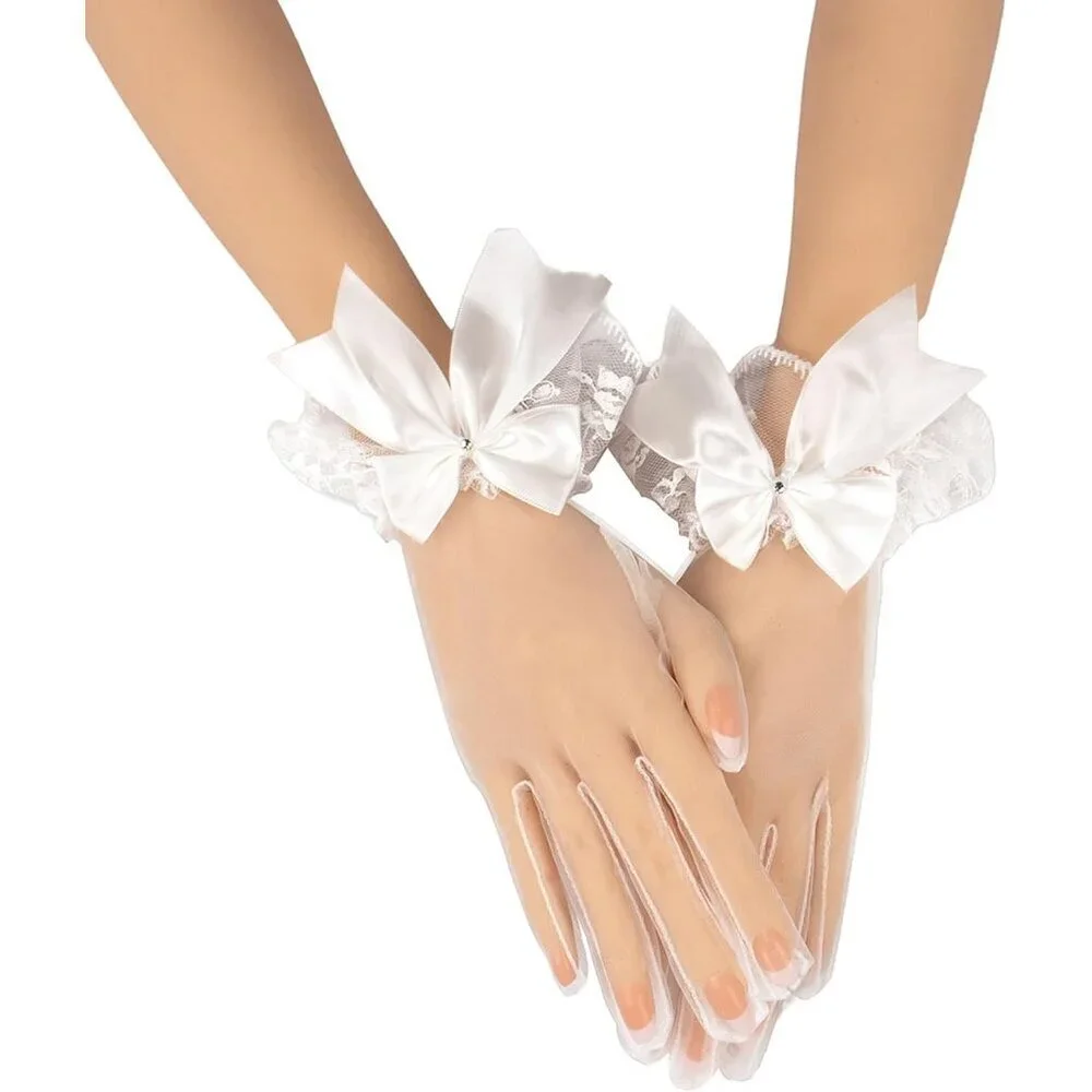 Women's White Lace Short Wedding Ruffled Tulle Mitten Imported Polyester Gloves